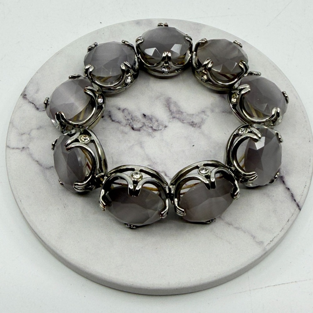 Statement Grey Faceted Stretch Bracelet Silver Tone Chunky Boho Romantic Chic